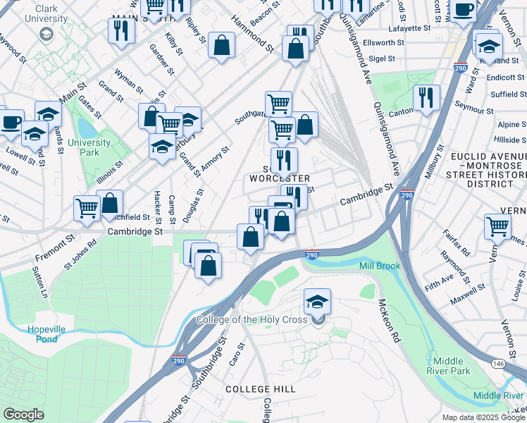 map of restaurants, bars, coffee shops, grocery stores, and more near in Worcester
