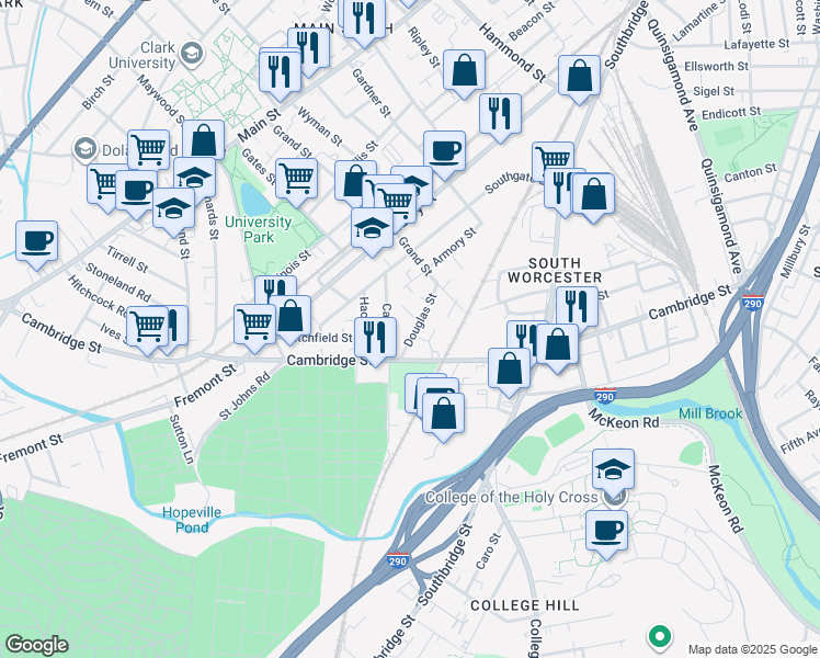 map of restaurants, bars, coffee shops, grocery stores, and more near 19 Douglas Street in Worcester