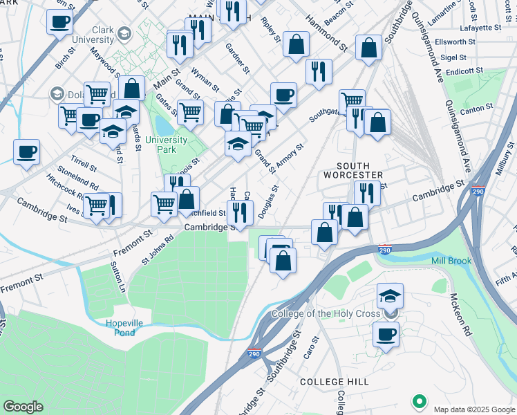 map of restaurants, bars, coffee shops, grocery stores, and more near 19 Douglas Street in Worcester
