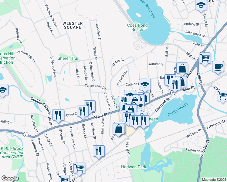 map of restaurants, bars, coffee shops, grocery stores, and more near 34 Gates Lane in Worcester