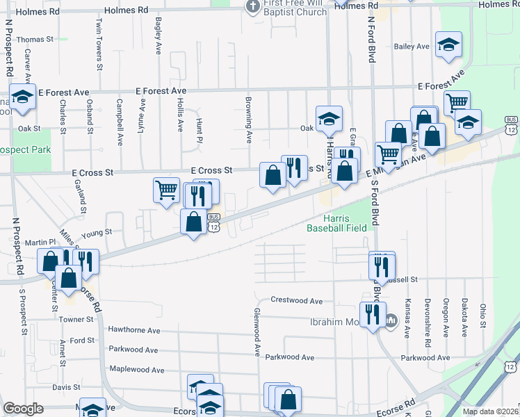 map of restaurants, bars, coffee shops, grocery stores, and more near 1191 East Michigan Avenue in Ypsilanti
