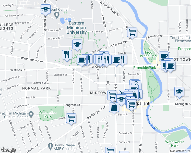 map of restaurants, bars, coffee shops, grocery stores, and more near 601 Emmet Street in Ypsilanti