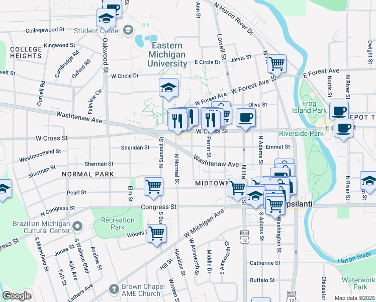 map of restaurants, bars, coffee shops, grocery stores, and more near 203 College Place in Ypsilanti