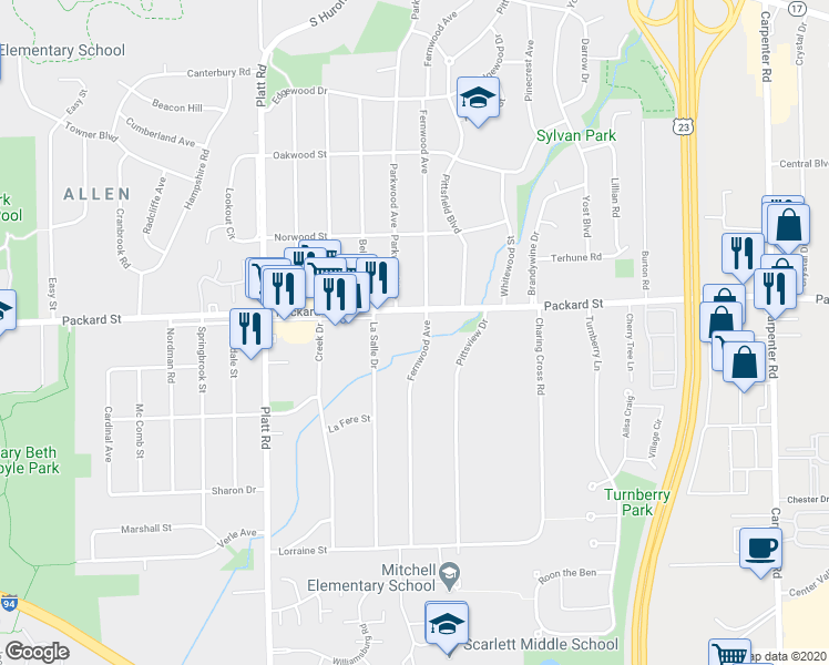 map of restaurants, bars, coffee shops, grocery stores, and more near 3065 Fernwood Avenue in Ann Arbor