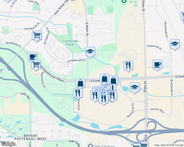 map of restaurants, bars, coffee shops, grocery stores, and more near 305 E Eisenhower Pkwy in Ann Arbor Charter Township