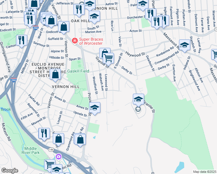 map of restaurants, bars, coffee shops, grocery stores, and more near 53 Loxwood Street in Worcester