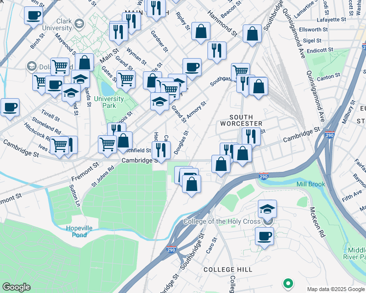 map of restaurants, bars, coffee shops, grocery stores, and more near 19 Douglas St in Worcester