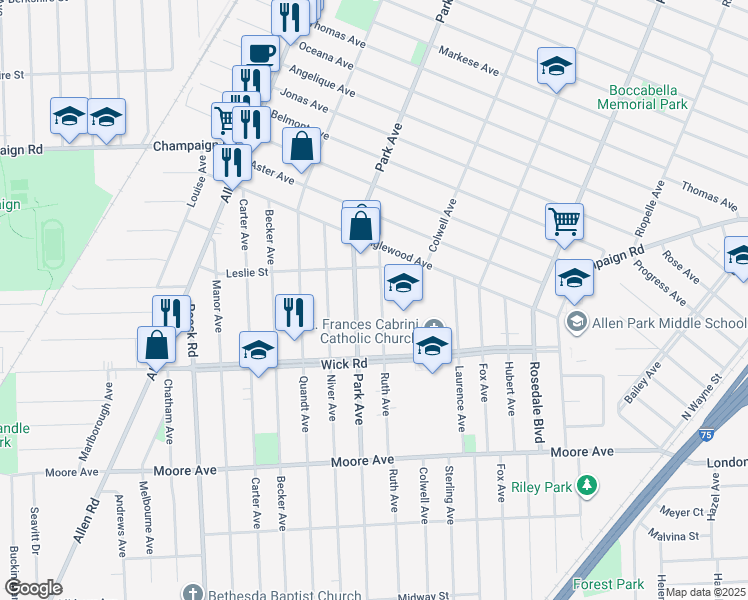 map of restaurants, bars, coffee shops, grocery stores, and more near 966 Ruth Avenue in Allen Park