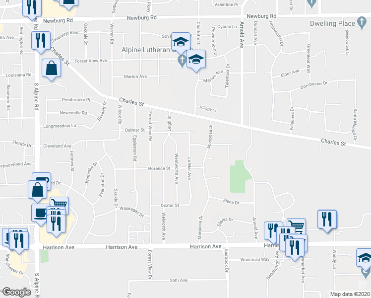 map of restaurants, bars, coffee shops, grocery stores, and more near 2121 La Mar Avenue in Rockford