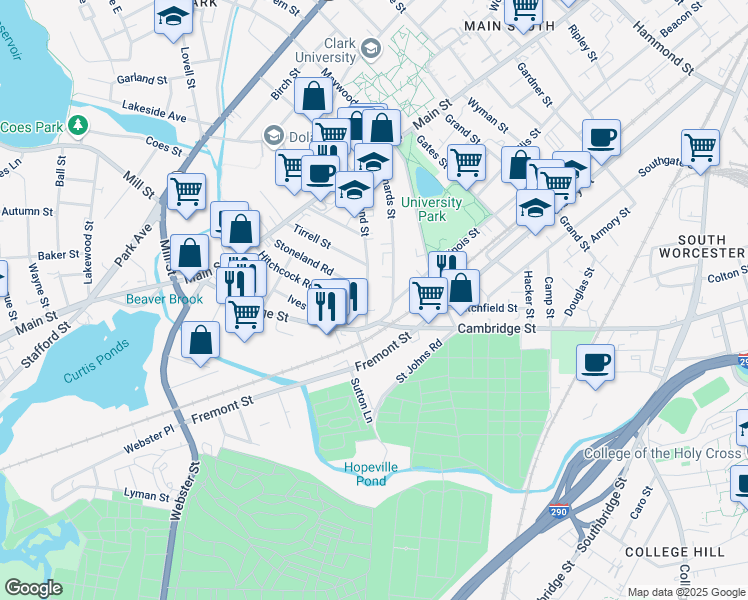 map of restaurants, bars, coffee shops, grocery stores, and more near 51 Freeland Terrace in Worcester