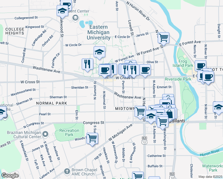 map of restaurants, bars, coffee shops, grocery stores, and more near 203 College Place in Ypsilanti