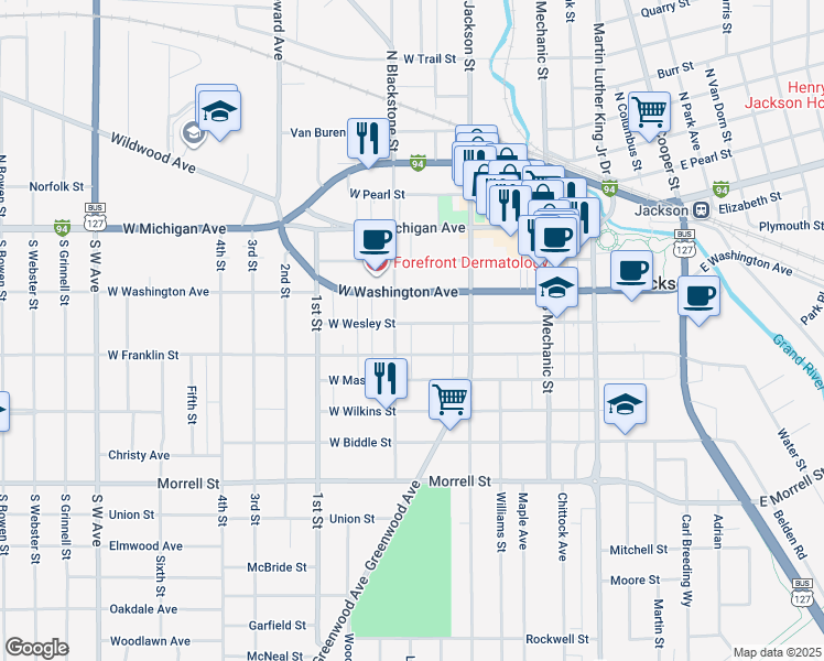map of restaurants, bars, coffee shops, grocery stores, and more near 233 West Wesley Street in Jackson
