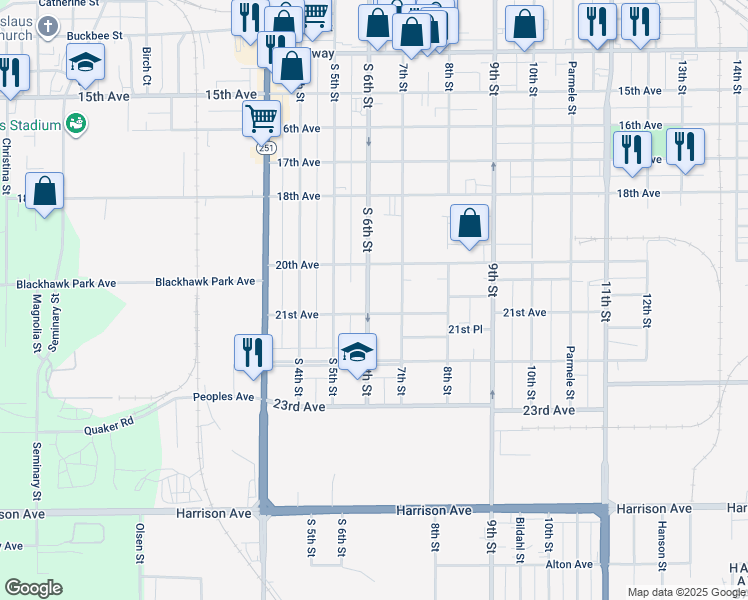 map of restaurants, bars, coffee shops, grocery stores, and more near 2134 South 6th Street in Rockford
