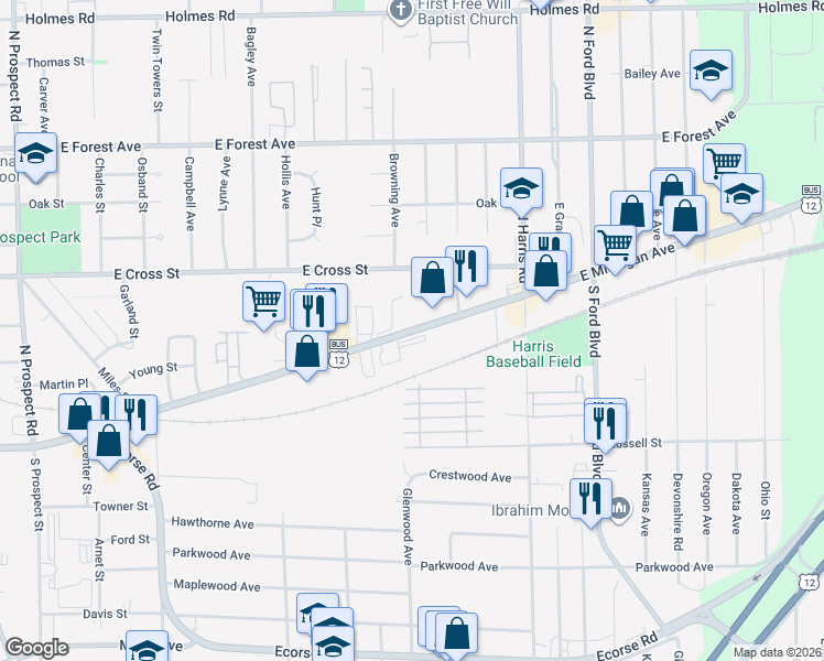 map of restaurants, bars, coffee shops, grocery stores, and more near 1191 East Michigan Avenue in Ypsilanti