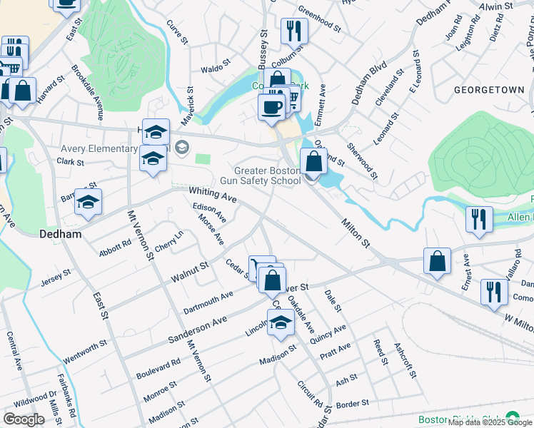 map of restaurants, bars, coffee shops, grocery stores, and more near 82 Walnut Street in Dedham
