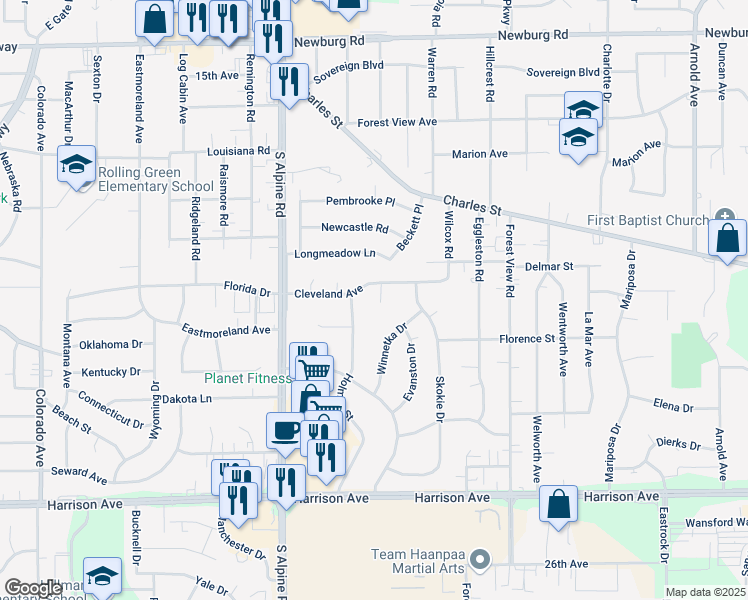 map of restaurants, bars, coffee shops, grocery stores, and more near 2207 Wilmette Drive in Rockford