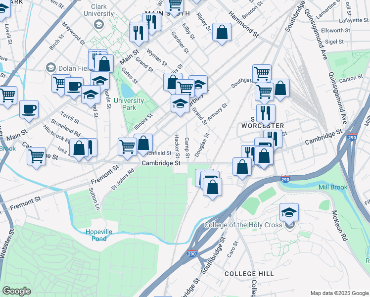 map of restaurants, bars, coffee shops, grocery stores, and more near 22 Camp Street in Worcester