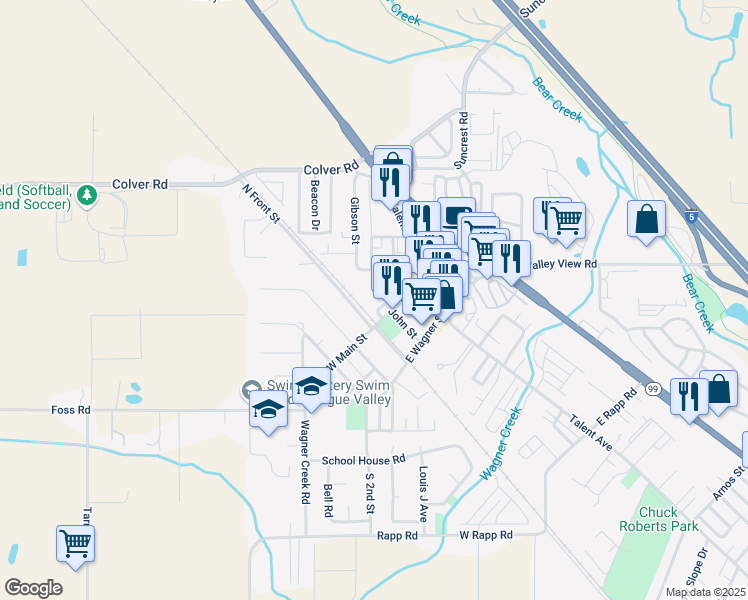 map of restaurants, bars, coffee shops, grocery stores, and more near 110 East Main Street in Talent