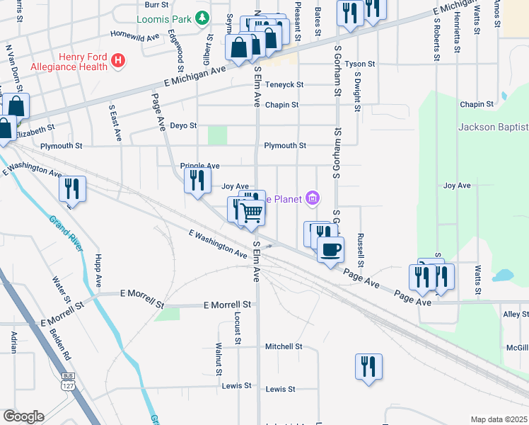 map of restaurants, bars, coffee shops, grocery stores, and more near 809 South Elm Avenue in Jackson