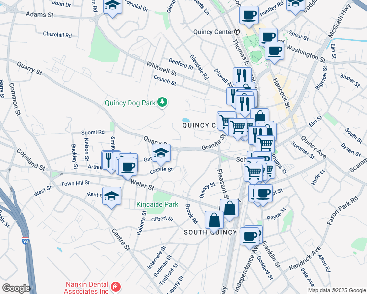 map of restaurants, bars, coffee shops, grocery stores, and more near 235 Granite Street in Quincy