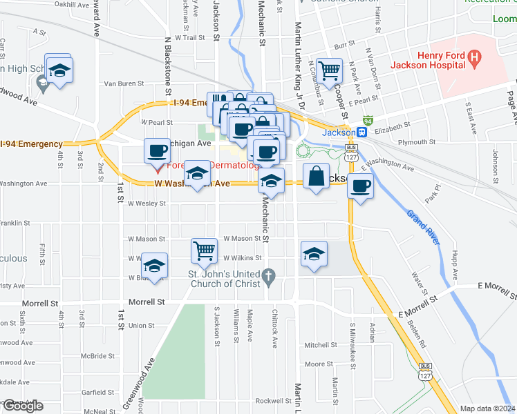 map of restaurants, bars, coffee shops, grocery stores, and more near 105 West Wesley Street in Jackson
