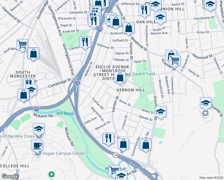 map of restaurants, bars, coffee shops, grocery stores, and more near 78 Harlem Street in Worcester
