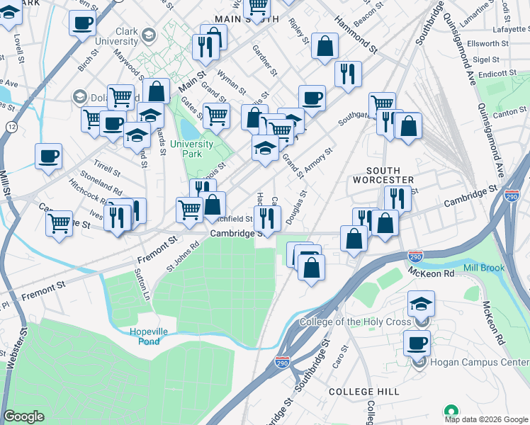map of restaurants, bars, coffee shops, grocery stores, and more near 22 Camp Street in Worcester