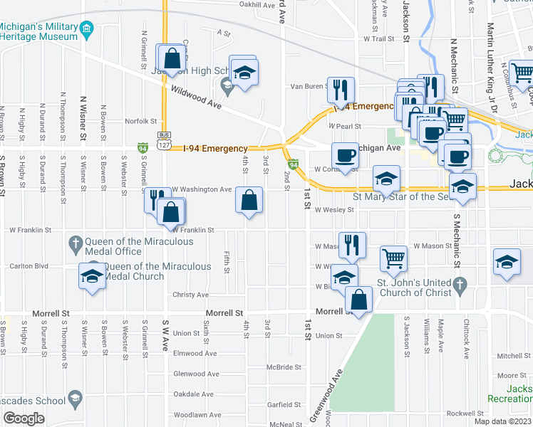 map of restaurants, bars, coffee shops, grocery stores, and more near 404 3rd Street in Jackson