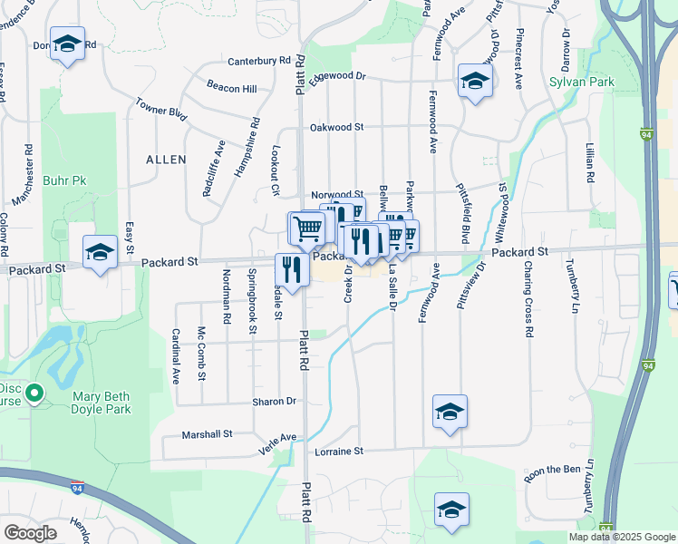 map of restaurants, bars, coffee shops, grocery stores, and more near 3070 Packard Street in Ann Arbor
