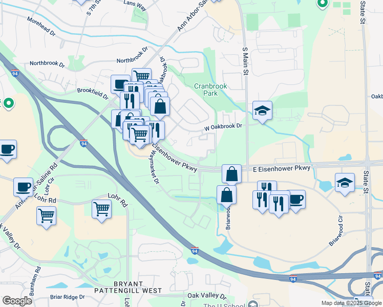 map of restaurants, bars, coffee shops, grocery stores, and more near 760 West Eisenhower Parkway in Ann Arbor