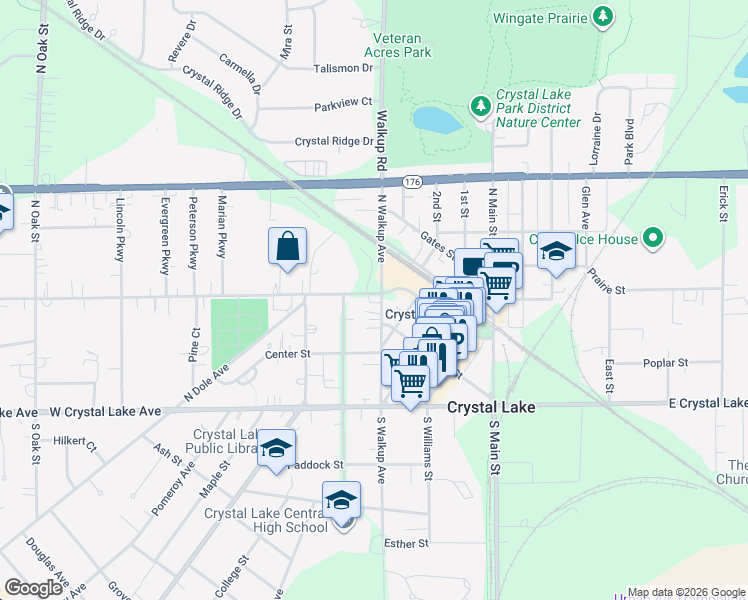map of restaurants, bars, coffee shops, grocery stores, and more near 15 West Woodstock Street in Crystal Lake