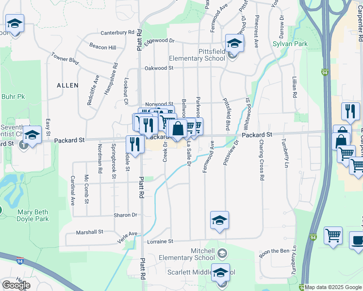 map of restaurants, bars, coffee shops, grocery stores, and more near 3162 Packard Street in Ann Arbor