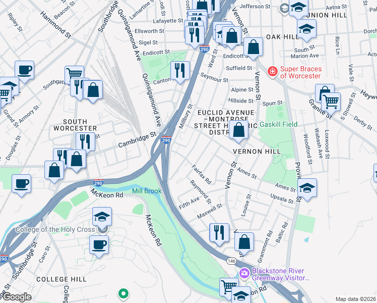 map of restaurants, bars, coffee shops, grocery stores, and more near 171 Perry Avenue in Worcester
