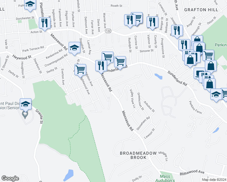 map of restaurants, bars, coffee shops, grocery stores, and more near 179 Massasoit Road in Worcester