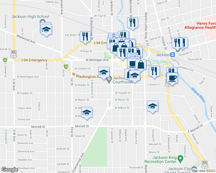 map of restaurants, bars, coffee shops, grocery stores, and more near 207 West Wesley Street in Jackson