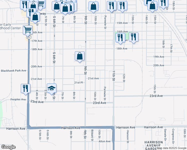 map of restaurants, bars, coffee shops, grocery stores, and more near 2135 10th Street in Rockford