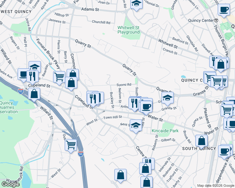 map of restaurants, bars, coffee shops, grocery stores, and more near 27 Nelson Street in Quincy