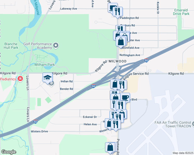 map of restaurants, bars, coffee shops, grocery stores, and more near 1326 East Kilgore Road in Portage