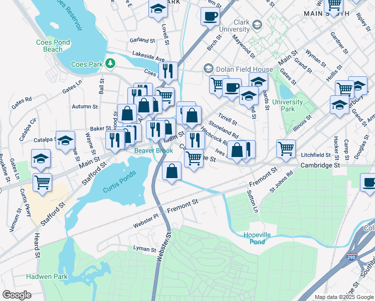 map of restaurants, bars, coffee shops, grocery stores, and more near 24 Cambridge Street in Worcester