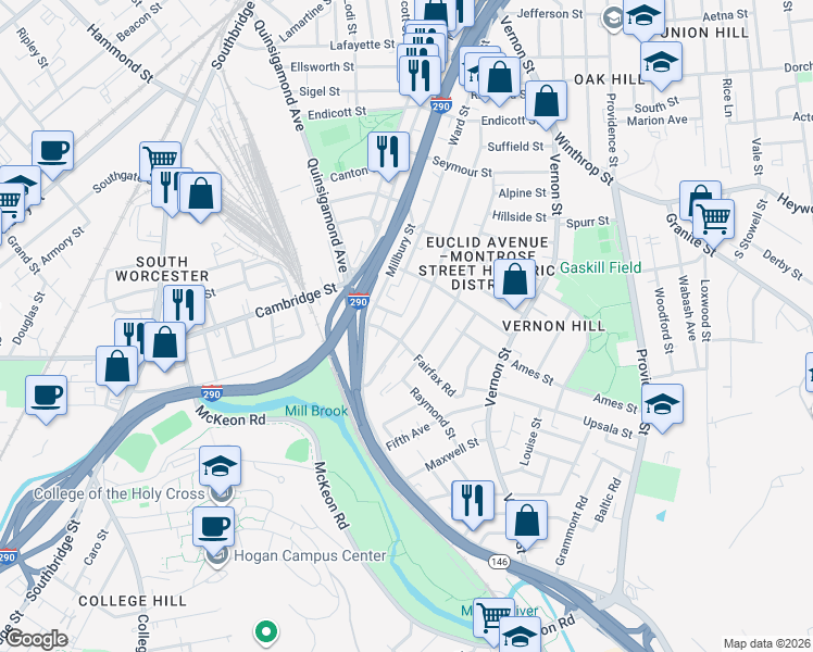 map of restaurants, bars, coffee shops, grocery stores, and more near 172 Perry Avenue in Worcester