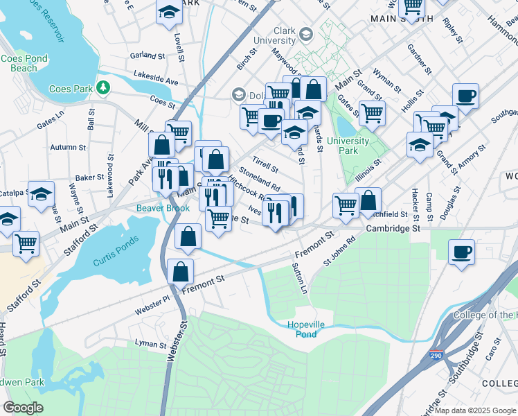 map of restaurants, bars, coffee shops, grocery stores, and more near 9 Ives Street in Worcester