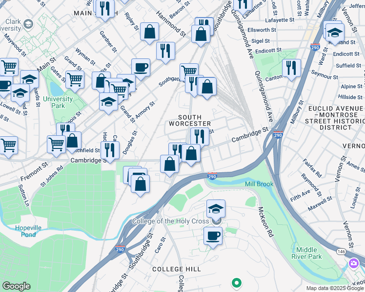 map of restaurants, bars, coffee shops, grocery stores, and more near 659 Southbridge Street in Worcester