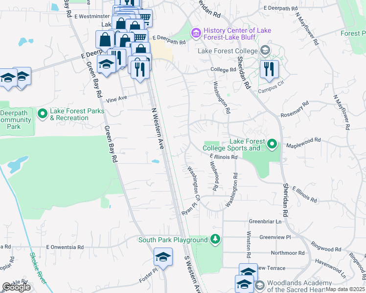 map of restaurants, bars, coffee shops, grocery stores, and more near 260 Washington Circle in Lake Forest