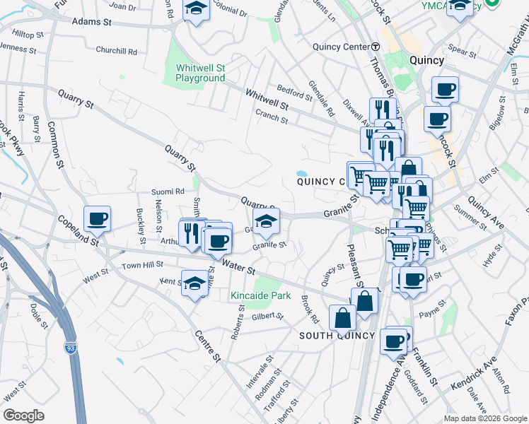 map of restaurants, bars, coffee shops, grocery stores, and more near 40 Quarry Street in Quincy