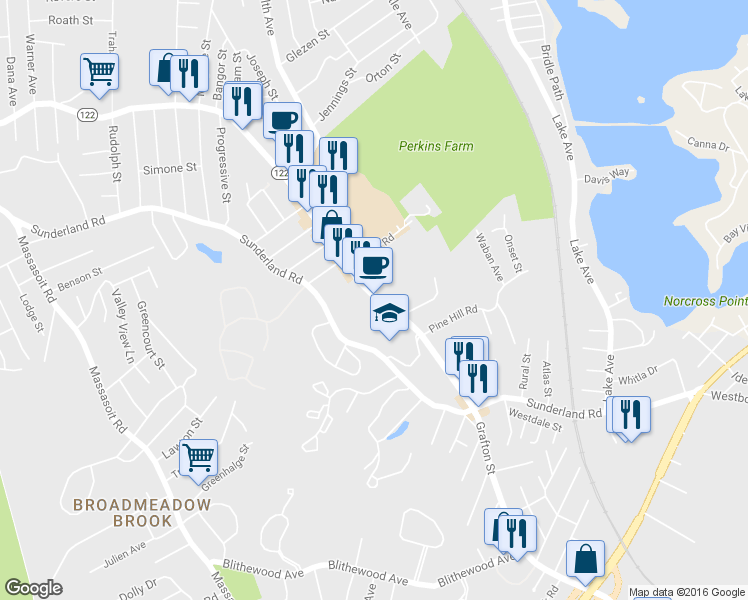 map of restaurants, bars, coffee shops, grocery stores, and more near 990 Grafton Street in Worcester