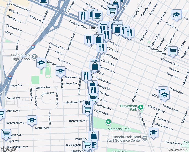 map of restaurants, bars, coffee shops, grocery stores, and more near 2375 Fort Street in Lincoln Park
