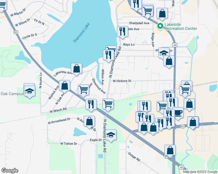 map of restaurants, bars, coffee shops, grocery stores, and more near 26267 North Diamond Lake Road in Mundelein