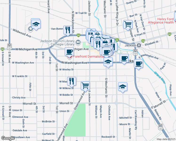 map of restaurants, bars, coffee shops, grocery stores, and more near 207 West Wesley Street in Jackson