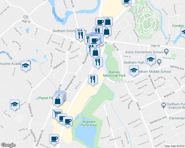 map of restaurants, bars, coffee shops, grocery stores, and more near 550 Providence Highway in Dedham