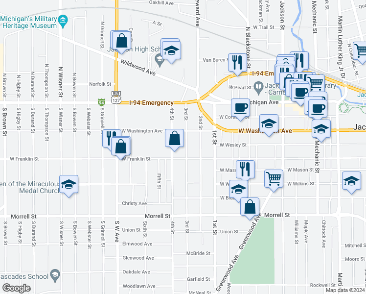 map of restaurants, bars, coffee shops, grocery stores, and more near 402 3rd Street in Jackson